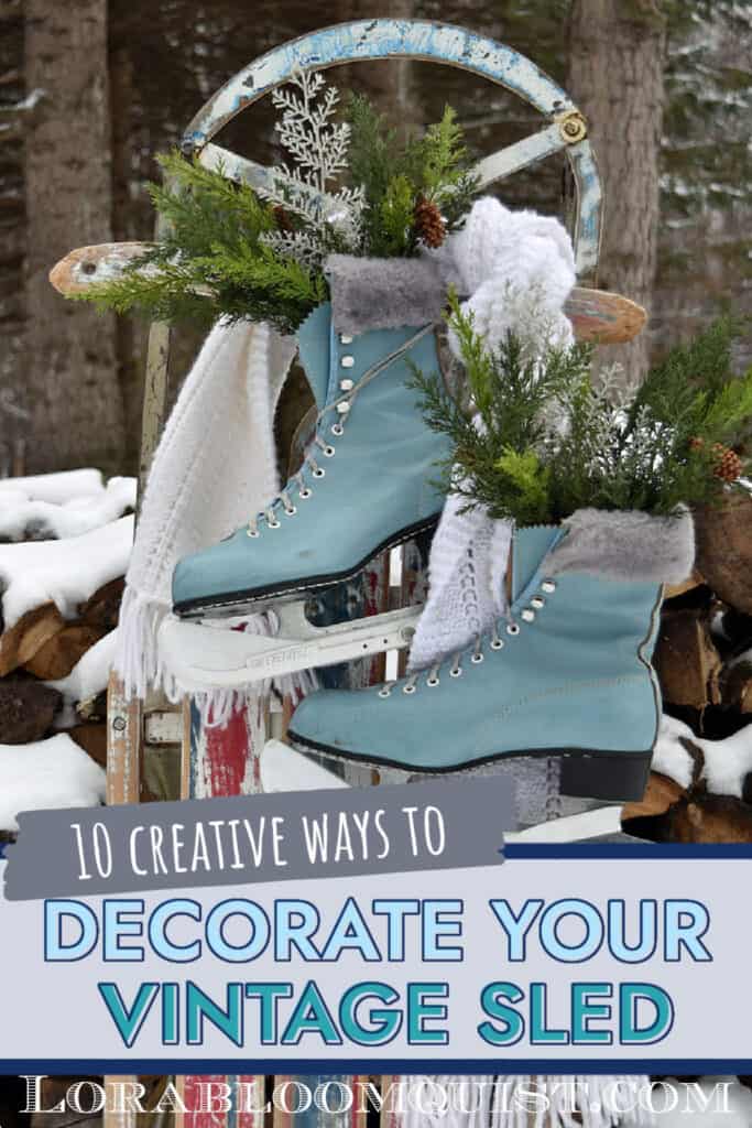 Blue skates decorate an old wooden sled as winter decor.
