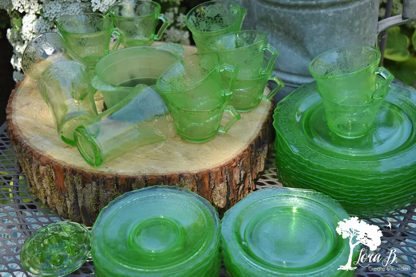 Green depression glass collection.