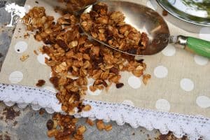 Homemade granola in glass jar.