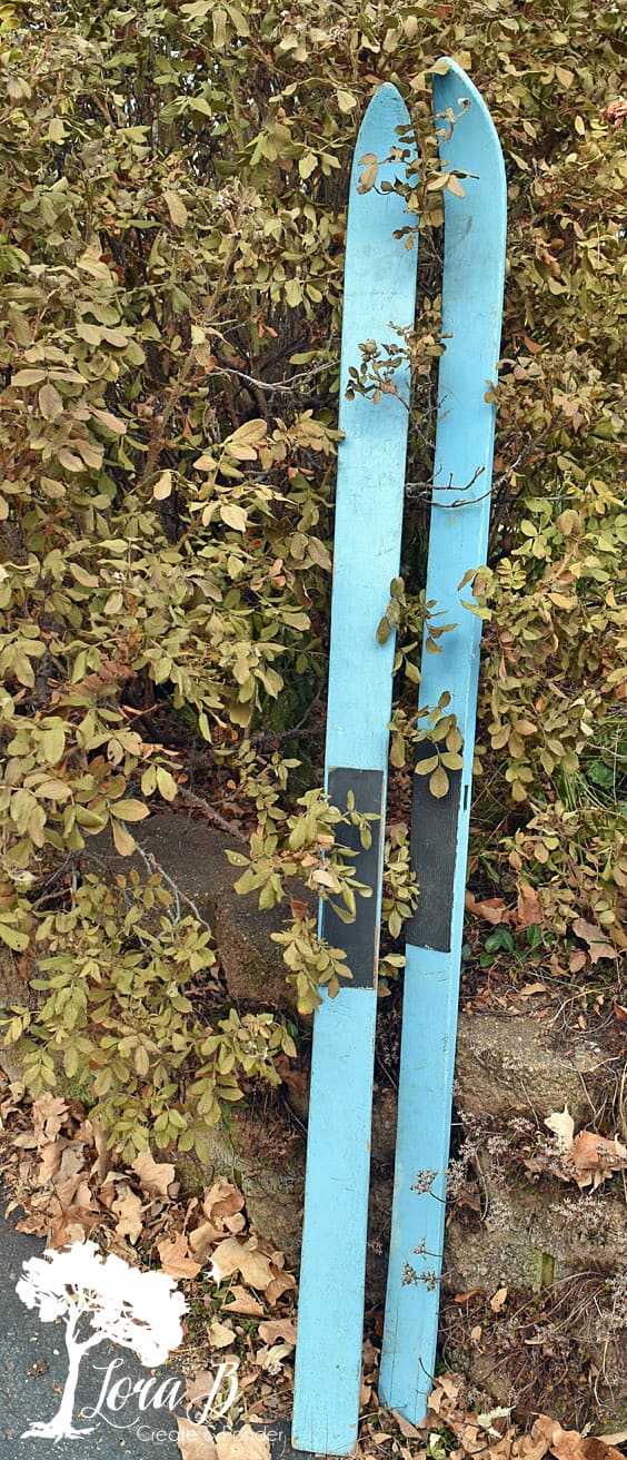 Old blue wooden skis