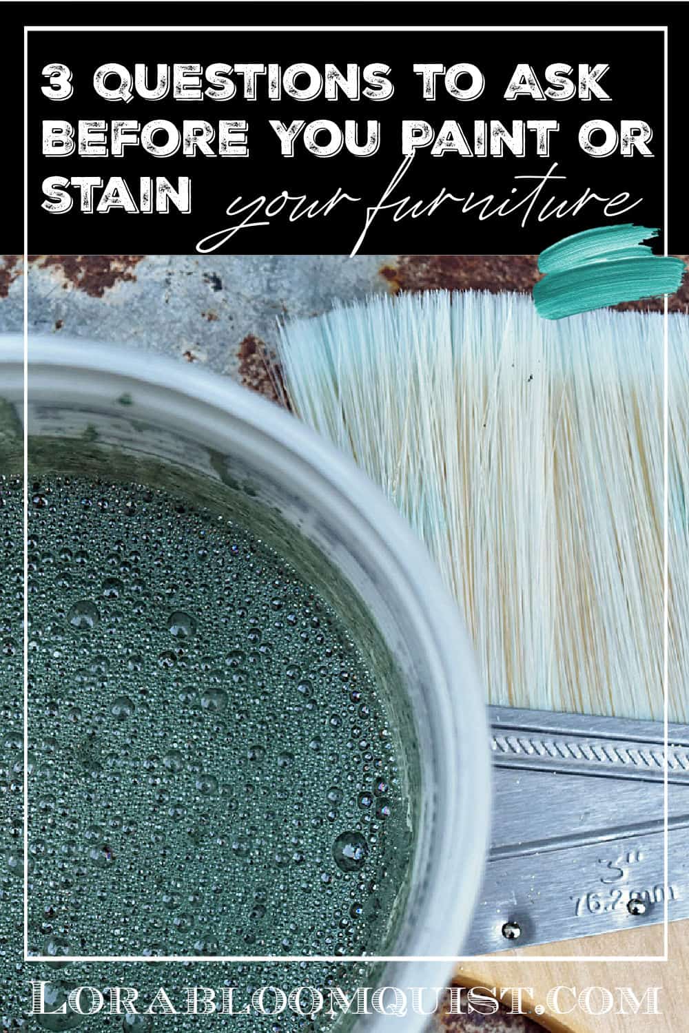 Paintbrush and bucket of green paint.