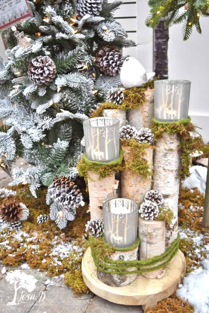 Birch logs and candles winter centerpiece