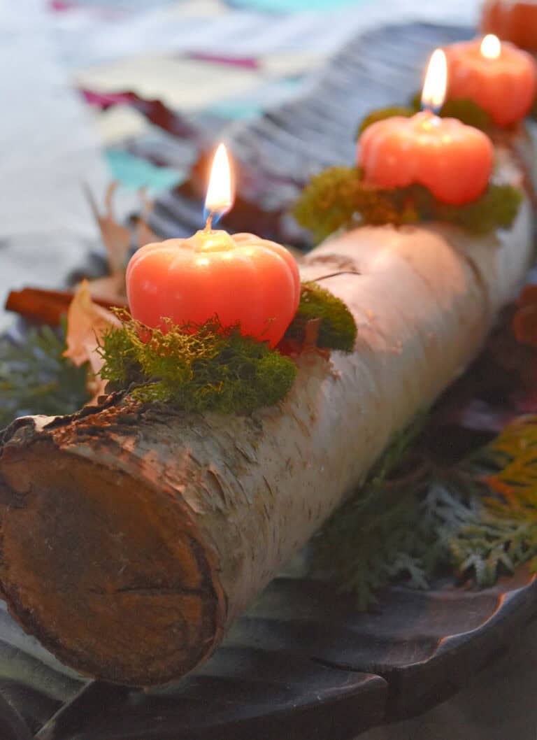 Wax pumpkin votive with moss on birch branch centerpiece.
