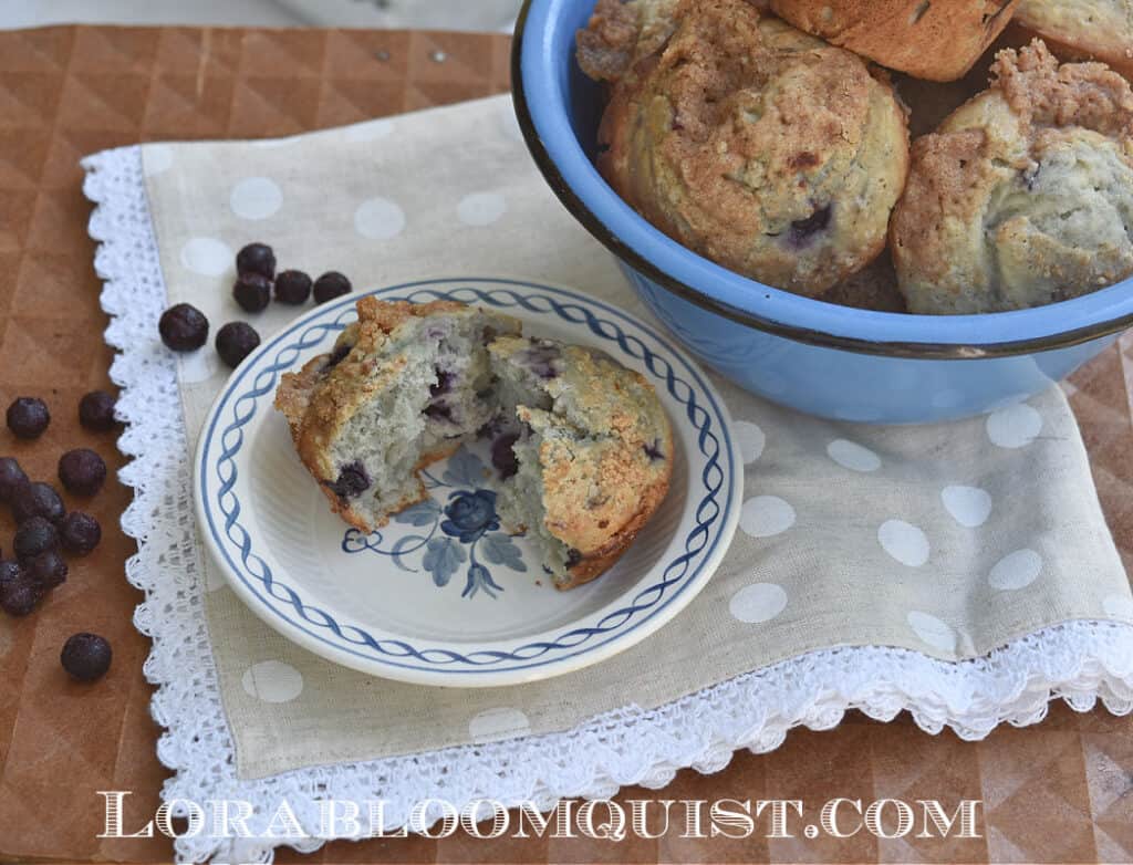 Blueberry muffins in blue bowl