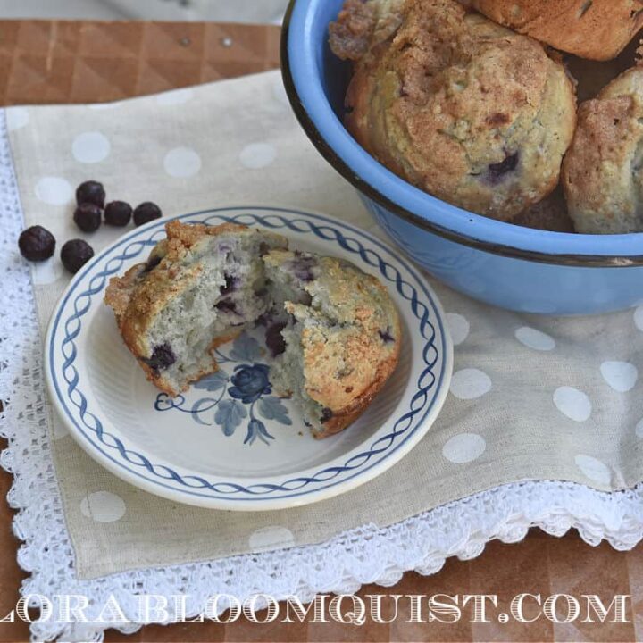 Blueberry muffins in blue bowl