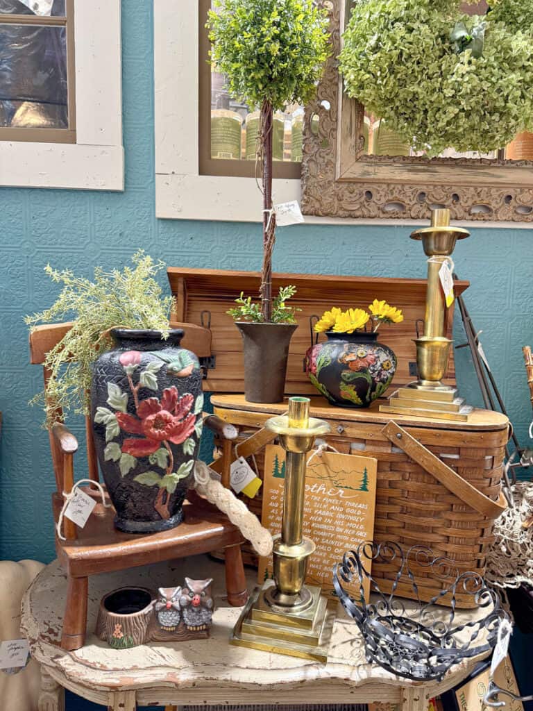 Antique booth display with vintage finds.