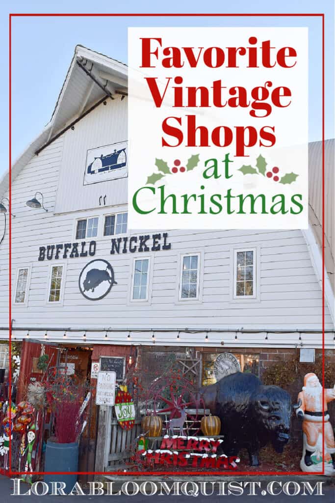 Vintage barn shop decorated for Christmas.