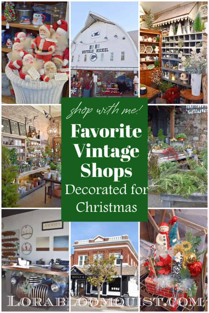 Scenes from vintage shops decorated for Christmas.