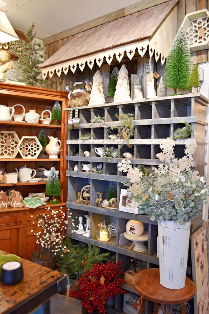 Christmas display in vintage home store.