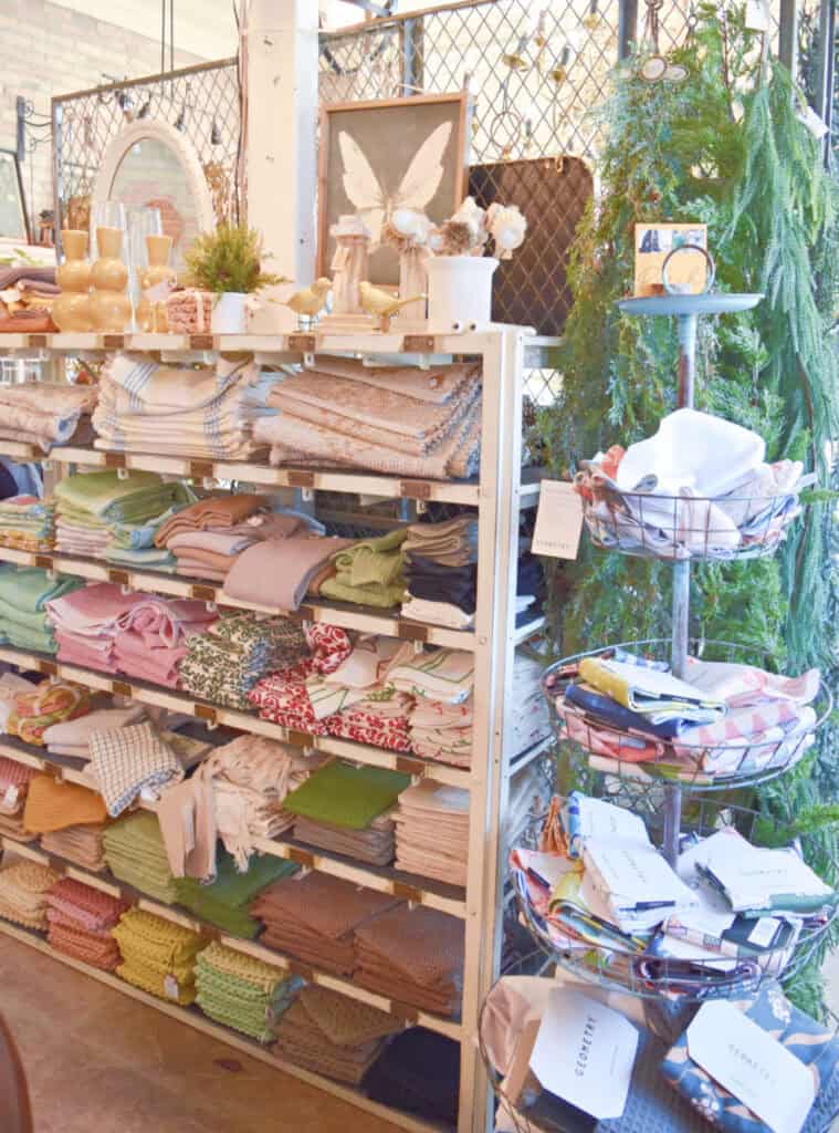 Kitchen linens in store display.