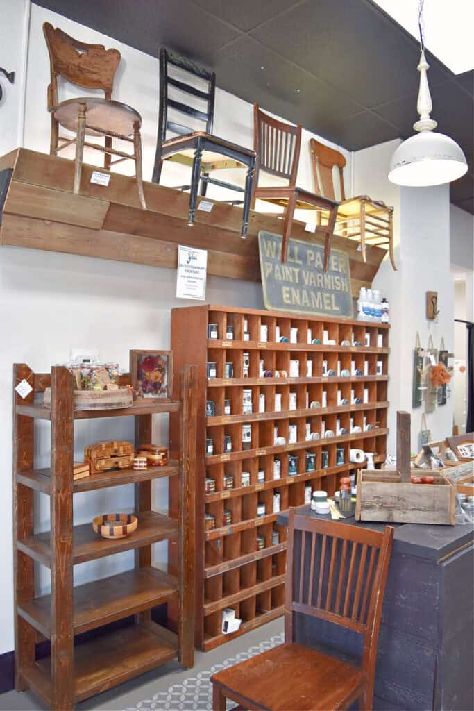 Store display with old chairs.