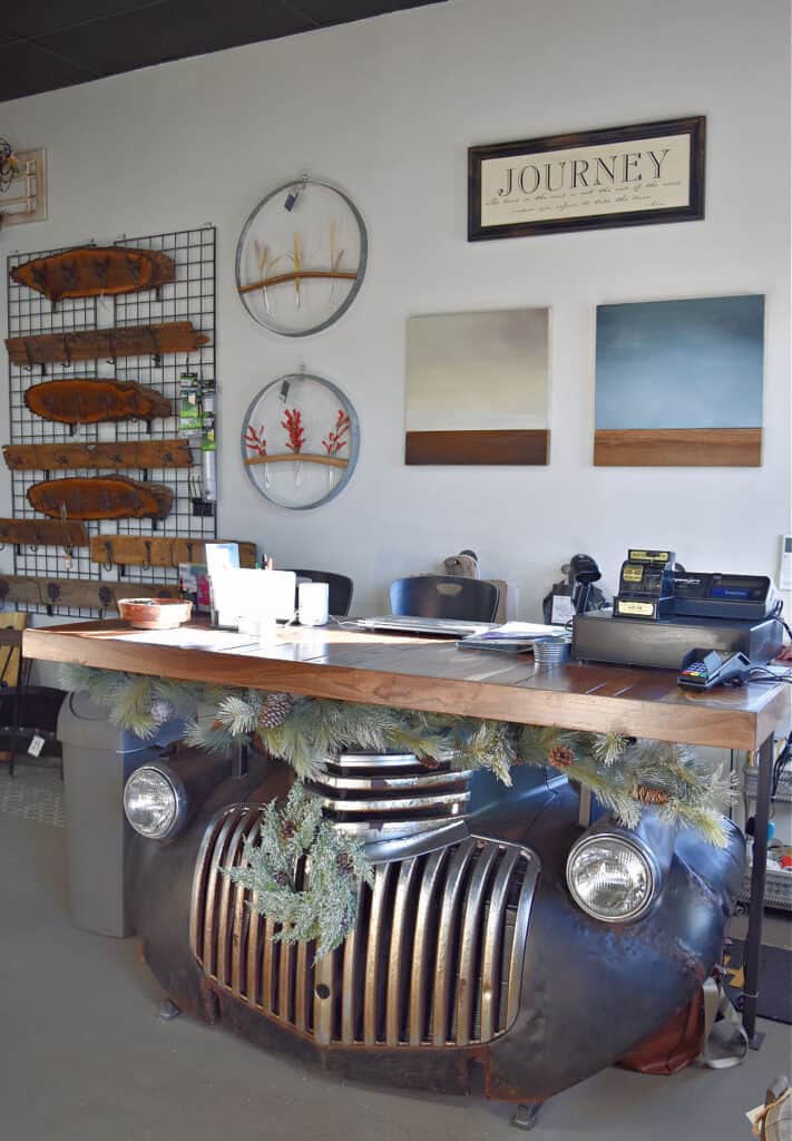 Upcycled old car store counter.