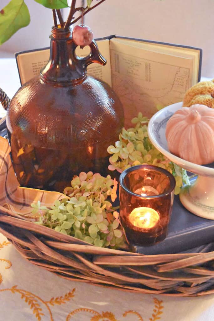 Vintage amber glass Hilex jug in Fall centerpiece.