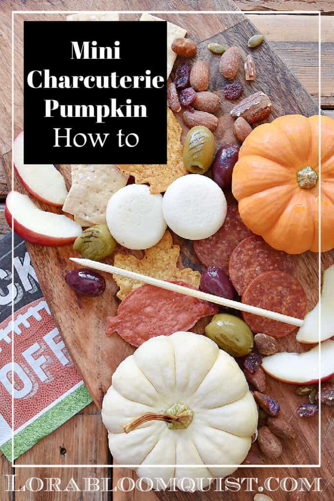Mini pumpkins and charcuterie food items.