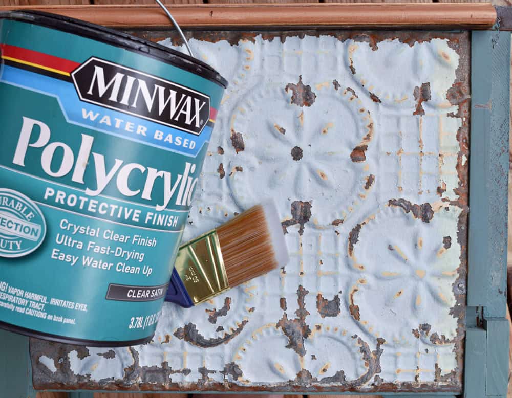 Minwax polycrylic and vintage ceiling tin.
