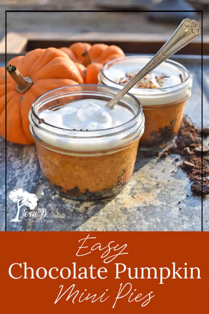 Mini Chocolate Pumpkin Mini Pies in mason jars are a fun dessert.