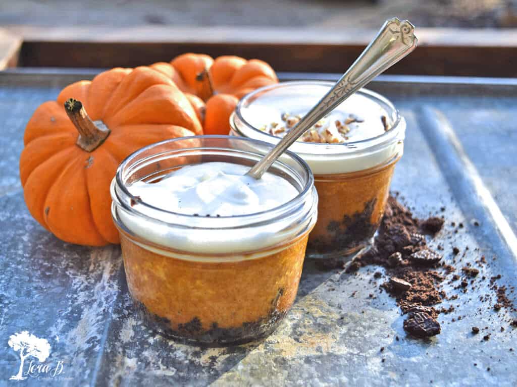 Mini Chocolate Pumpkin Mini Pies in mason jars are a fun dessert
