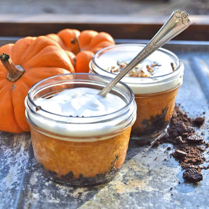 Mini Chocolate Pumpkin Mini Pies in mason jars are a fun dessert