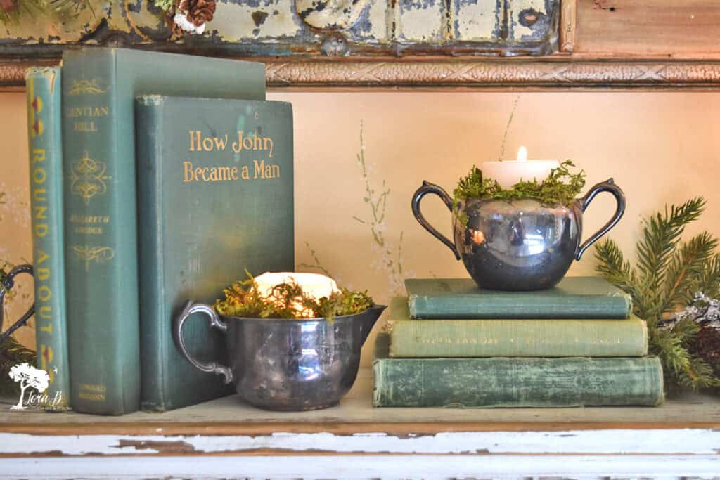 Silver creamer and sugar with candles and green old books.
