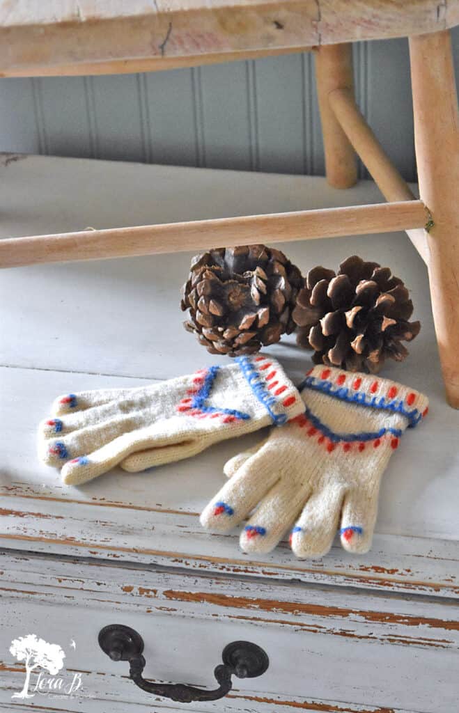 Vintage child's gloves in a winter display