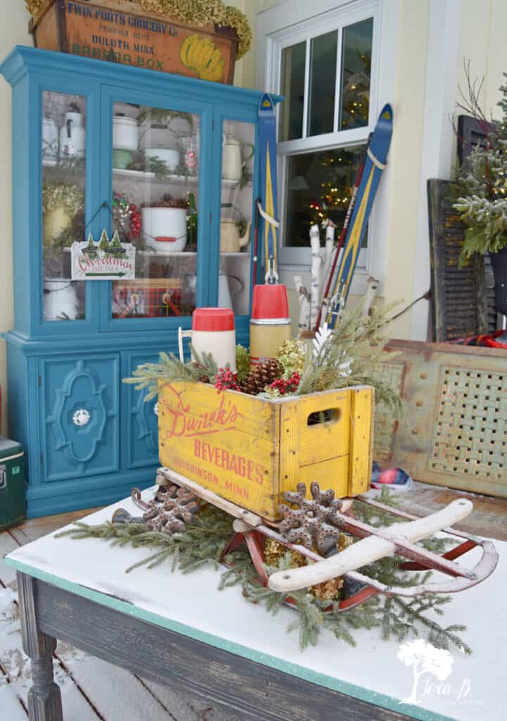 Vintage decor on winter porch