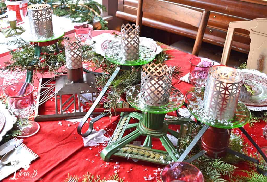 A Christmas Tablescape with Vintage Tree Stands - Lora Bloomquist