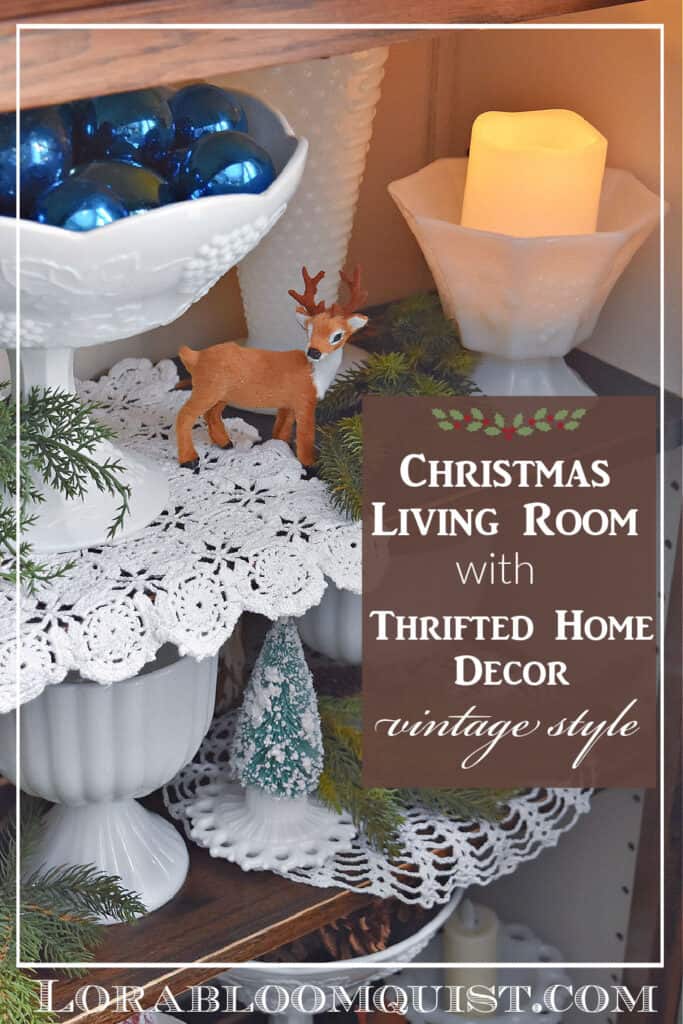 Christmas decorated shelves with lace and milk glass pin