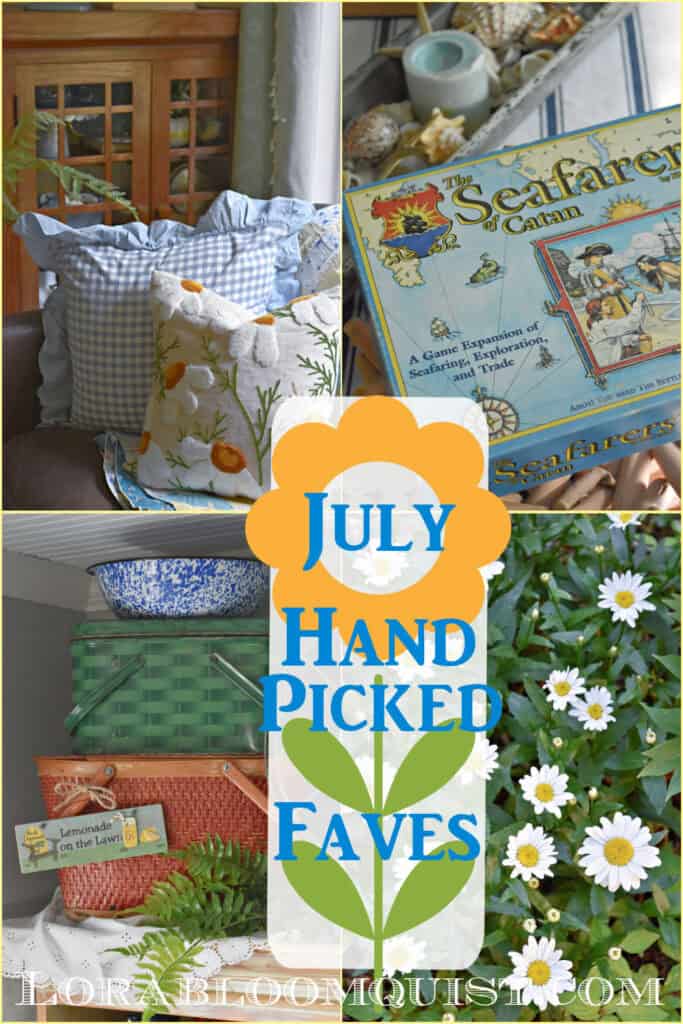 Summer themed pillows, vintage decor, a game and daisies.