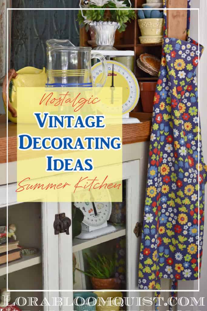 Colorful retro kitchen apron hanging on cupboard with vintage finds.