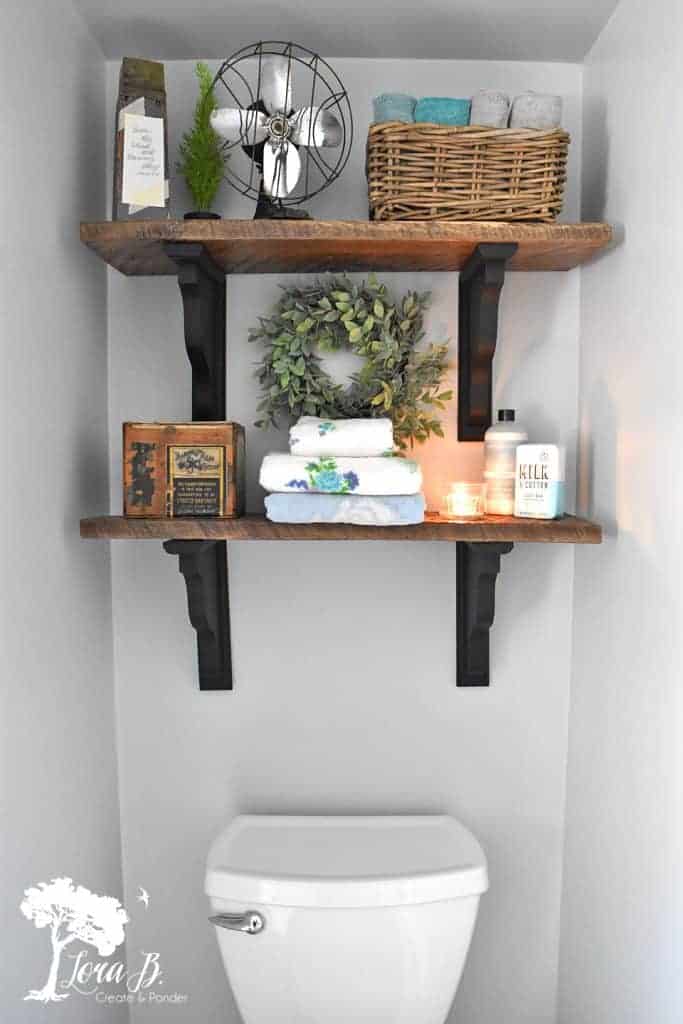 rustic shelves in bathroom