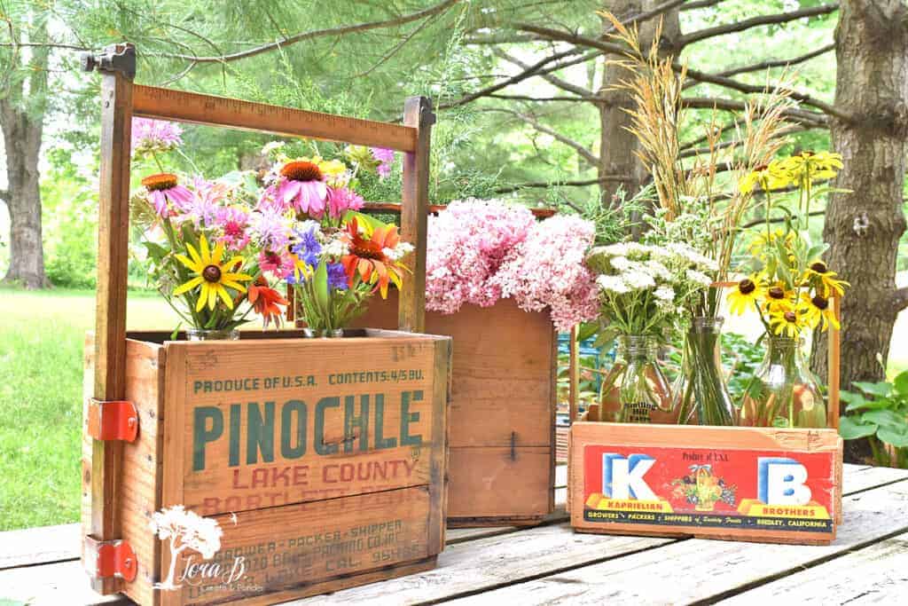 DIY repurposed old wood crate tote caddys.