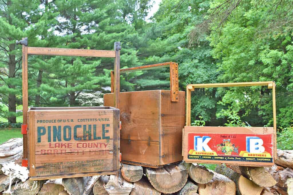 DIY repurposed old wood crate tote caddys.