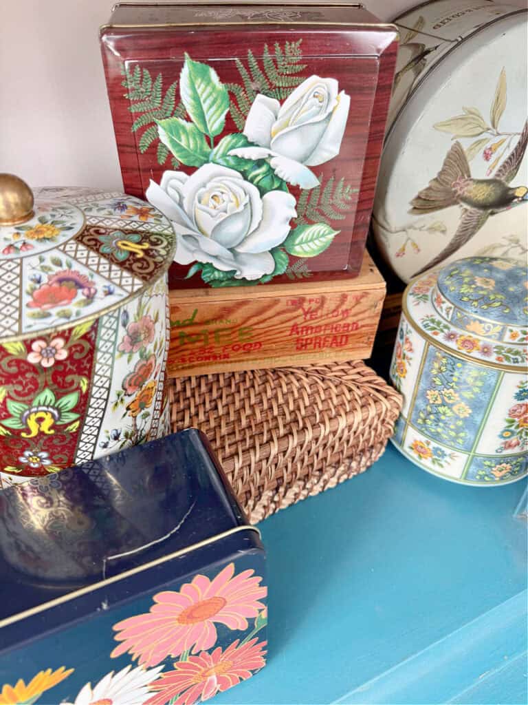 Vintage floral metal tins.