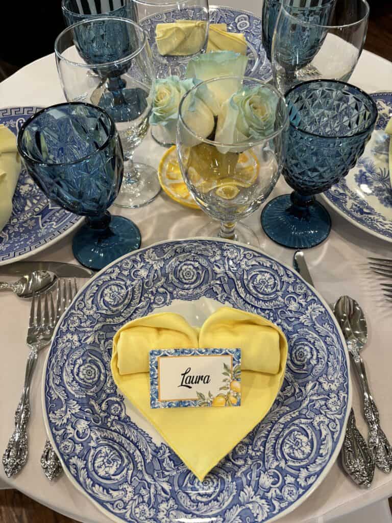 Blue and white transferware dishes table setting