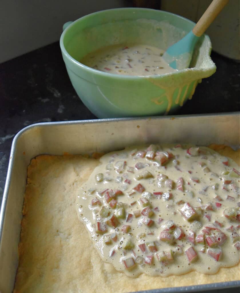 Making Rhubarb Crunch dessert