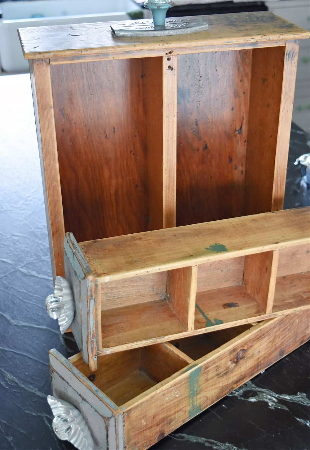 Old wooden crates with dividers.