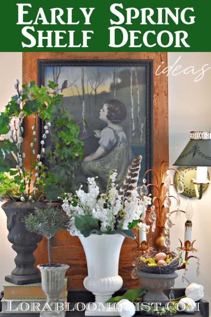Classic footed planters with Spring flowers and decor on shelf.