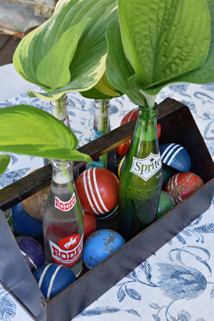 Vintage soda pop bottles with hosta leaves and croquet balls as centerpiece.