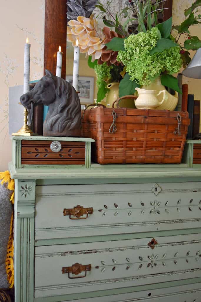 Green painted spoon carved dresser.
