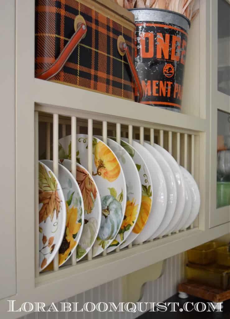 Fall dishes in kitchen plate rack.