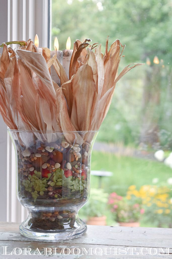 Fall Glass Jar Centerpiece with faux candles.