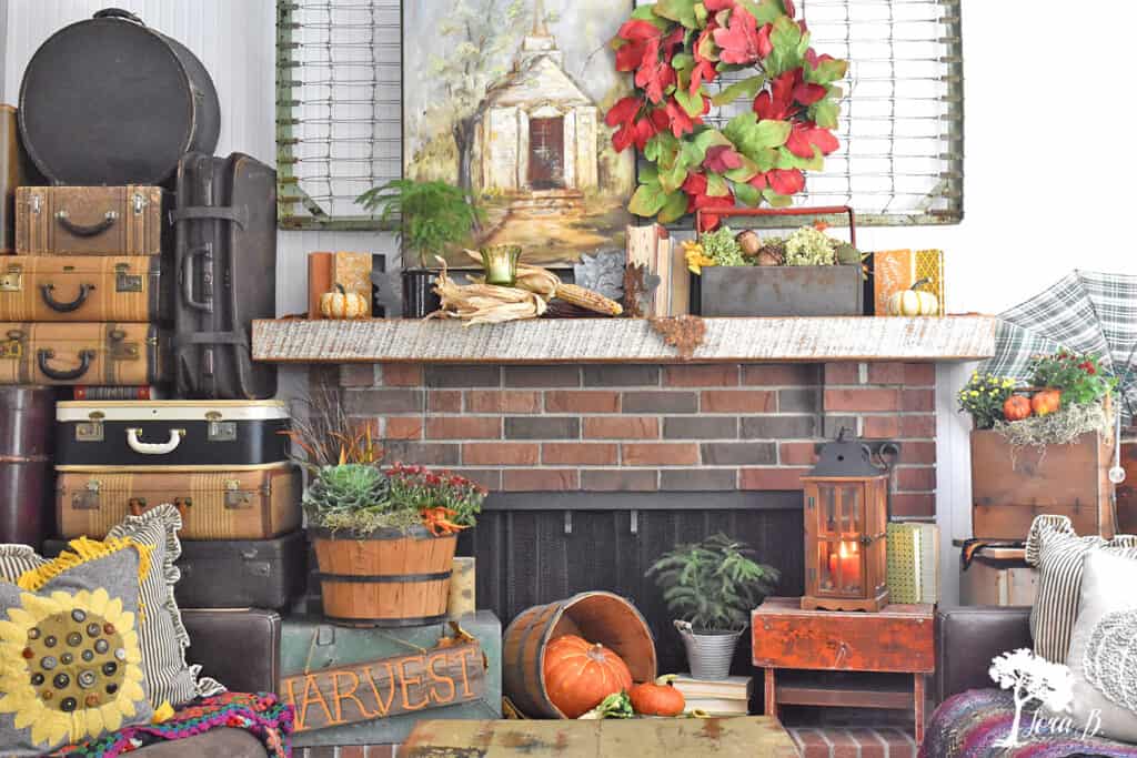 Rustic and Nostalgic elements combine for a decorated Fall Mantel displlay.