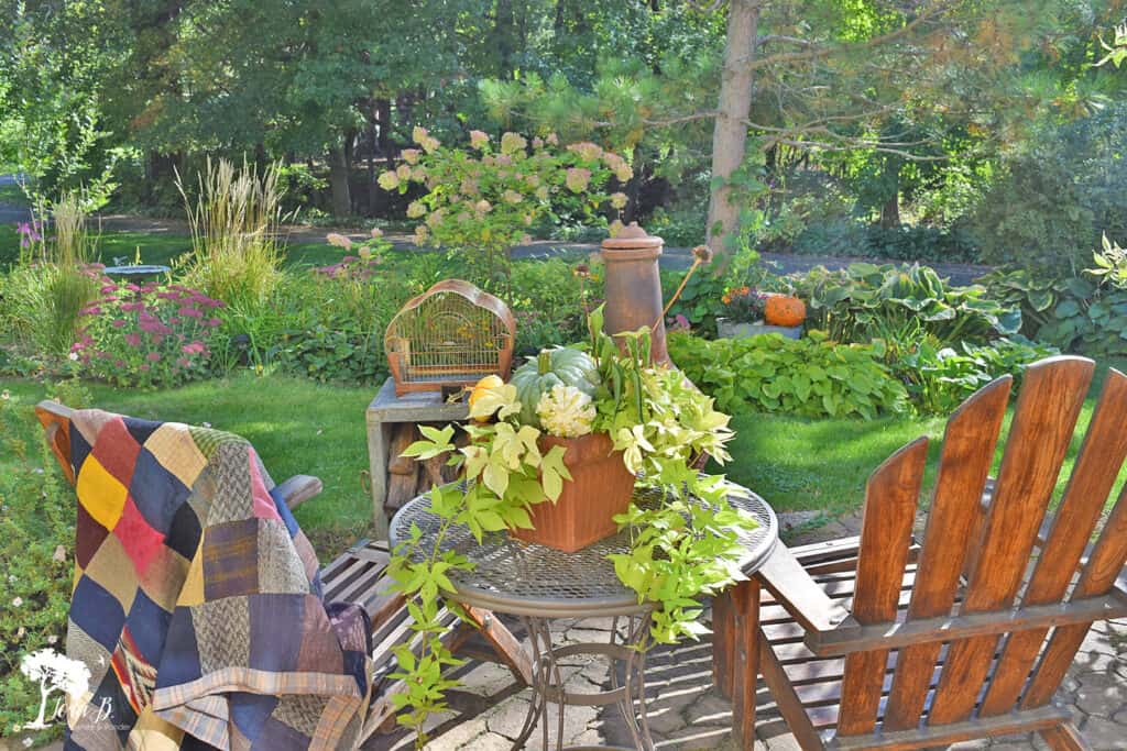 Teak adirondack chairs face a Fall garden.