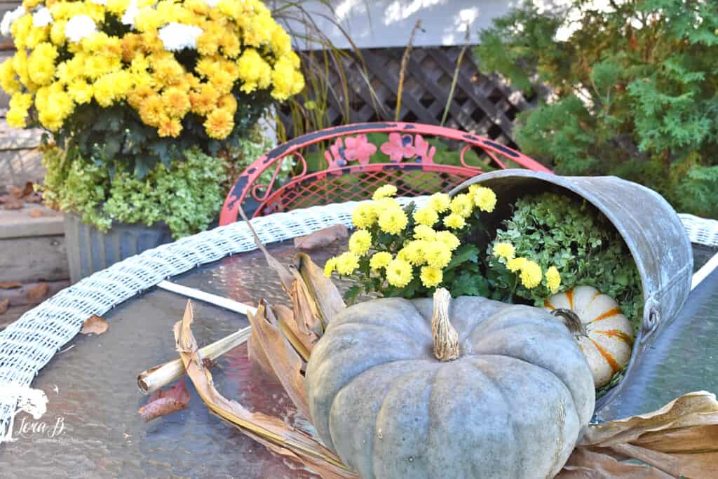 Pumpkins and mums make a centerpiece on this Fall decorated porch and patio tour.