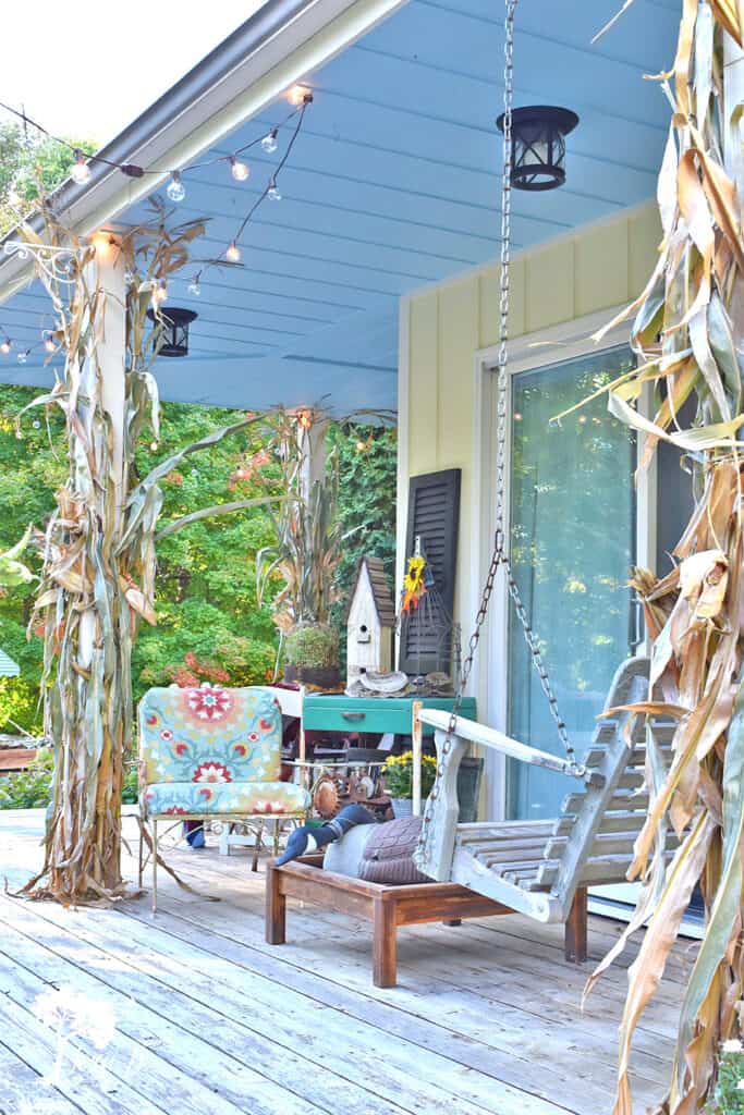 Fall decorated porch and patio with salvaged style.