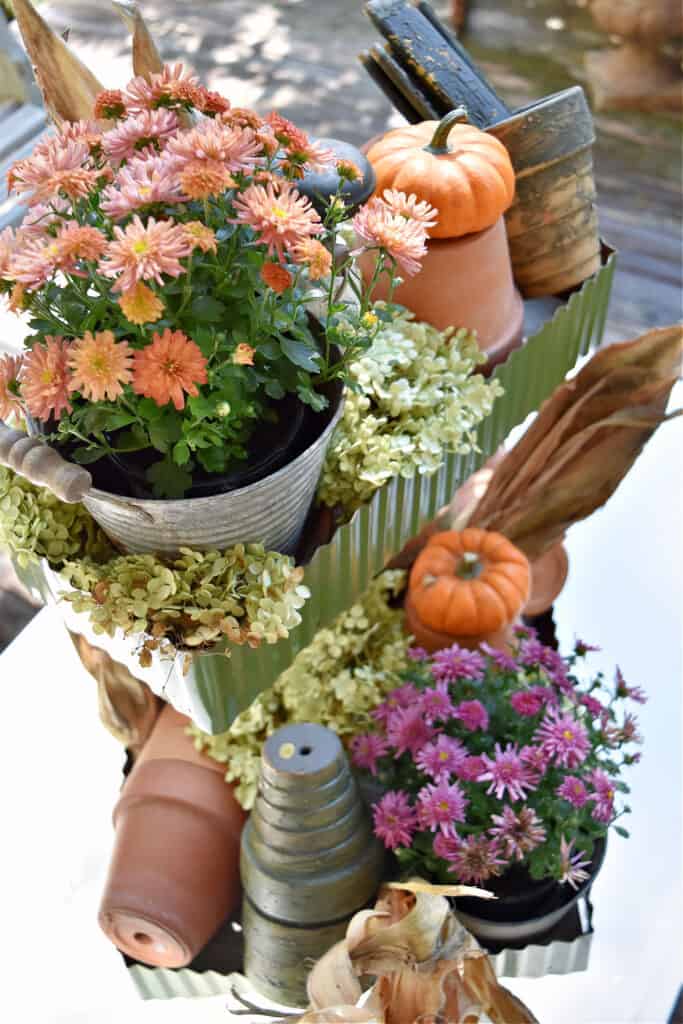 DIY tiered tray with Fall porch decor.