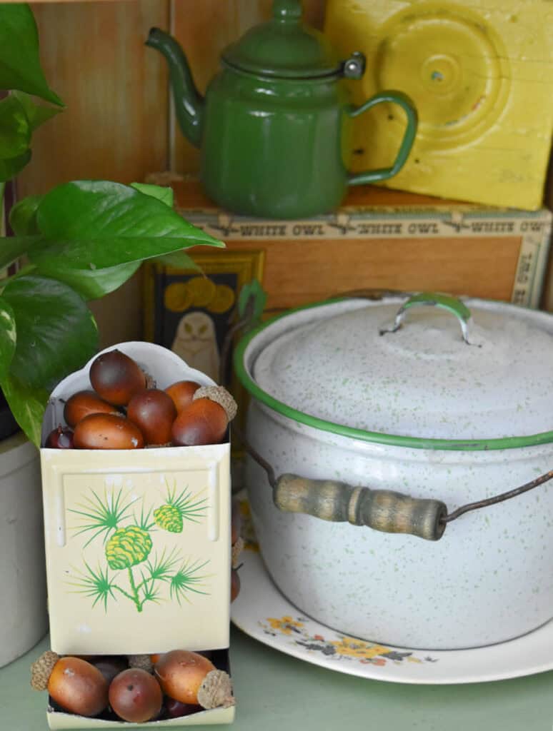 Vintage green enamelware in Fall vignette.