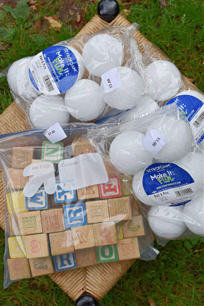 Thrifted styro balls and vintage blocks.