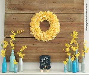 Blue and yellow mantle decor