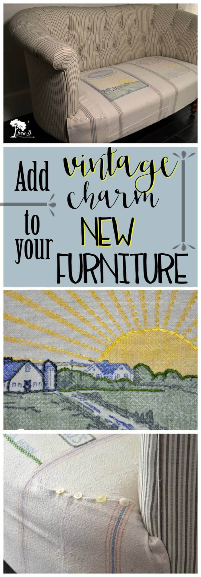 Place vintage feedsacks on your new furniture seats for function and beauty. An Easy DIY slipcover with unique results.